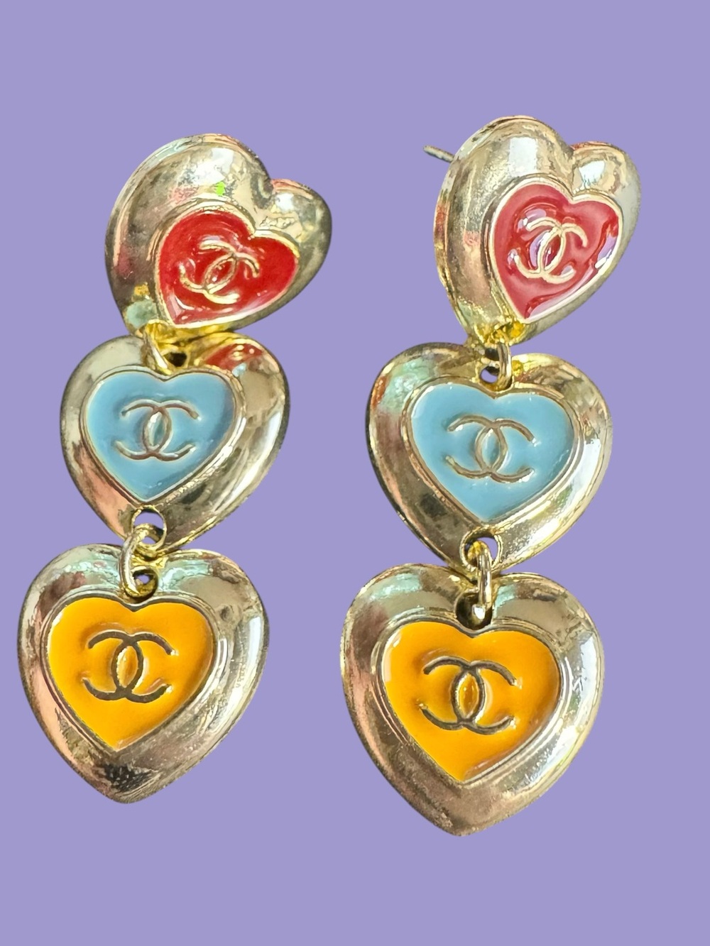 Gold-Tone Multicolor Enamel Heart Drop Earrings